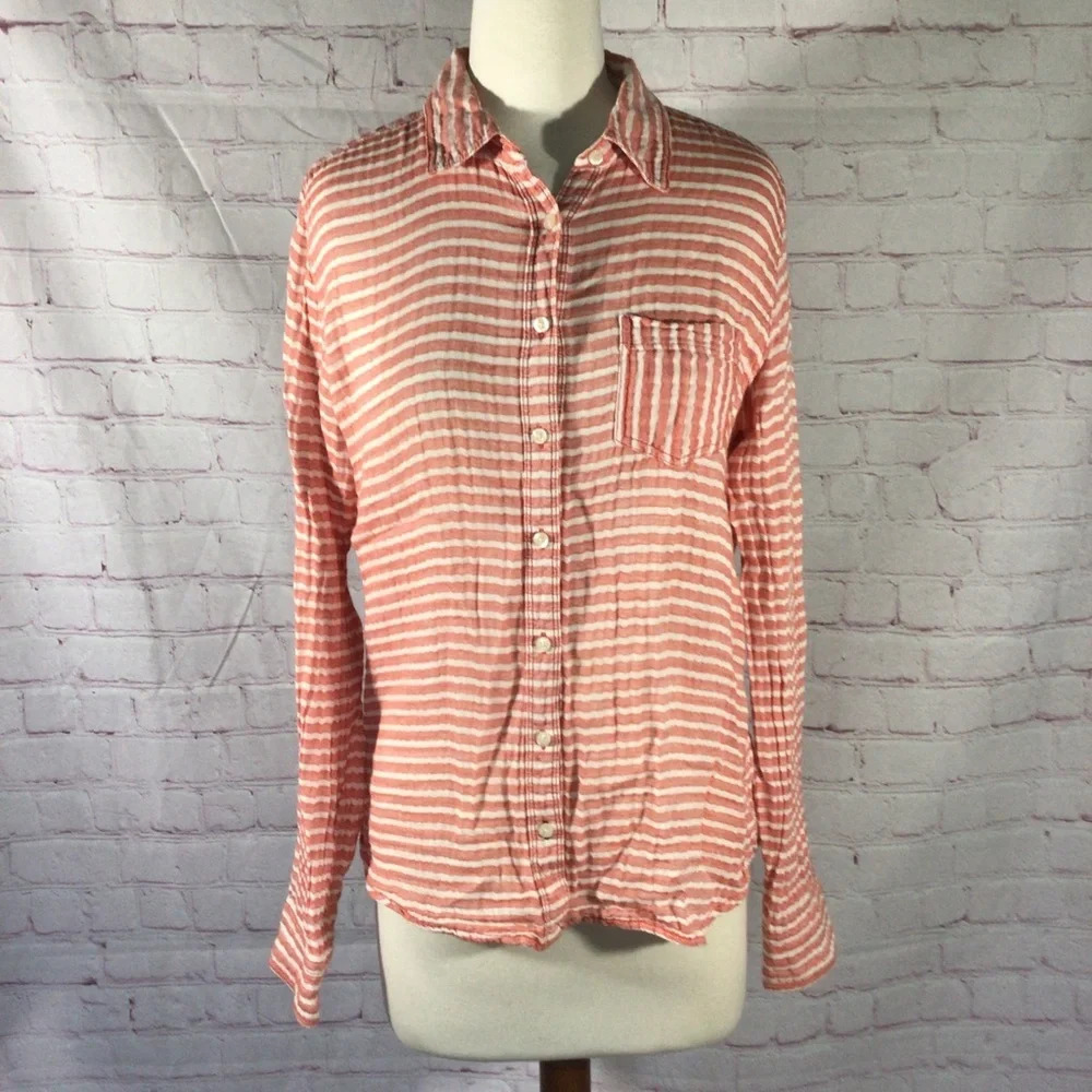 STYLUS Salmon and White Striped Button Down Long Sleeve Top - Size Medium